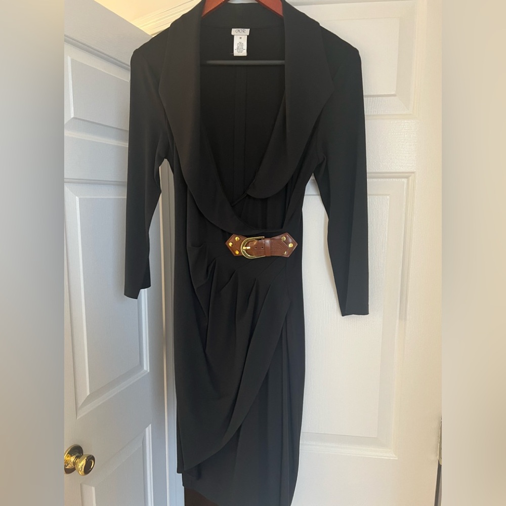 Cache Black Sheath Dress with Cowl Neck and Long Sleeves